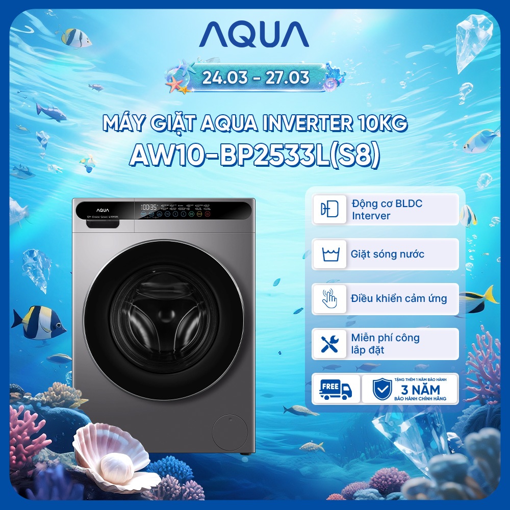 [Võ Hà Linh x AQUA] Máy giặt cửa trước AQUA Inverter 10kg AW10-BP2533L(S8) - Bảo hành 2 năm - Freeship toàn quốc