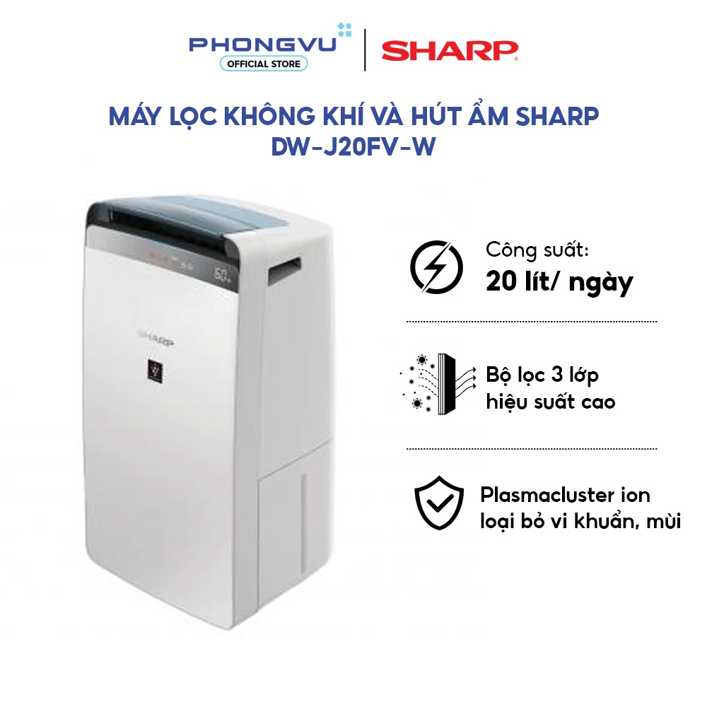 Máy lọc không khí và hút ẩm Sharp DW-J20FV-W - 20L/ngày, Phòng 52m², Sấy Quần Áo, Chống Nấm Mốc - Bả