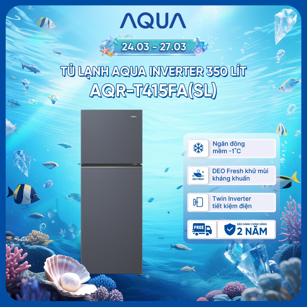 [Võ Hà Linh x AQUA] Tủ lạnh Inverter ngăn đông trên Aqua 350 Lít AQR-T415FA(SL) - Bảo hành 2 năm - Freeship - Ngăn đông