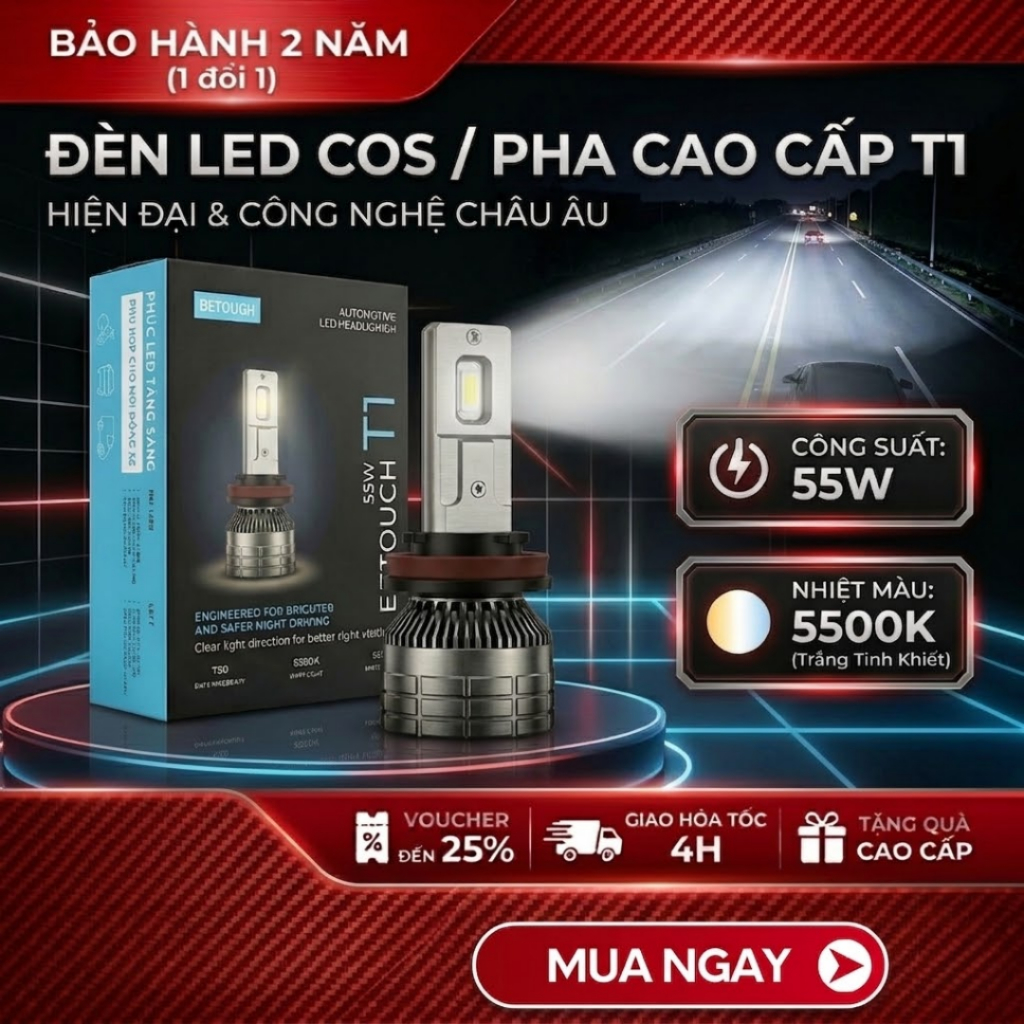 BITOUCH Bóng Đèn LED Ô Tô Pha Cos Đủ Chân H4 H7 H11 9005 55W Ánh Sáng Trắng 5500K Bảo Hành 2 Năm