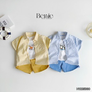Bộ sơ mi 3 chi tiết gồm áo sơ mi đũi kẻ cộc tay, áo 3 lỗ, quần short kaki Bernie cho bé