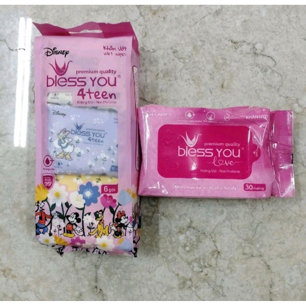 Khăn giấy ướt Bless You 4teen - loại 6 gói & loại 30 miếng