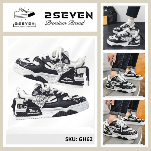 Giày nam sneaker thể thao đế cao 5cm, dây thừng họa tiết trắng đen độc lạ - GH62 - 2Seven