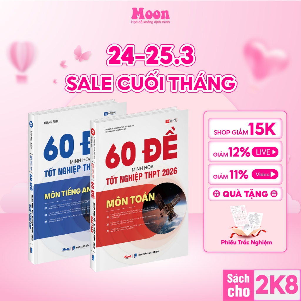 Sách 60 đề minh hoa tốt nghiệp THPT môn toán và tiếng anh, bộ đề minh hoạ trắc nghiệm 2025 moonbook