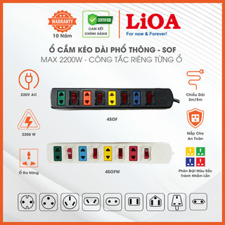 Ổ Cắm Kéo Dài Phổ Thông LiOA Loại Có Công Tắc Riêng Từng Ổ, Công Suất Tối Đa 10A 220VAC MAX 2200W, Bảo Hành 10 Năm