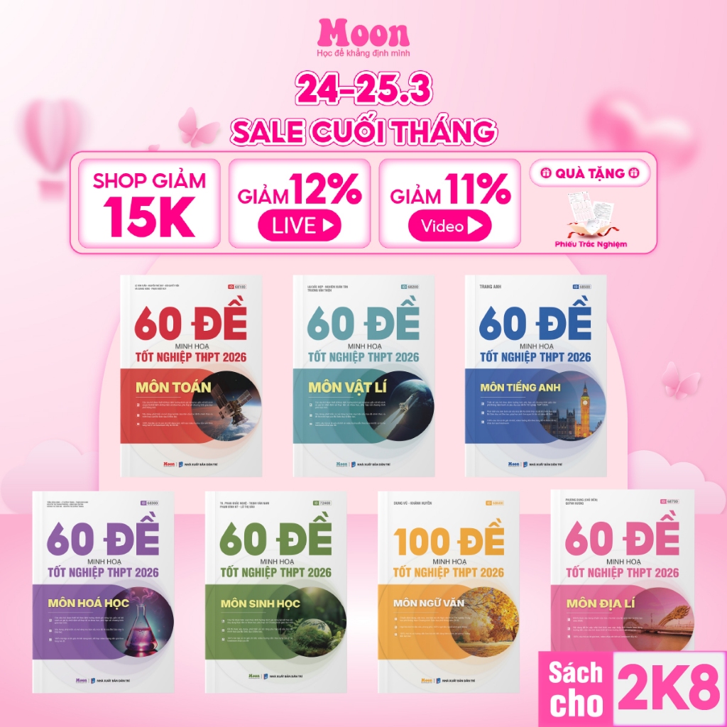 Sách bộ đề minh hoạ ôn thi THPT 2026 môn Toán, Lý, Hoá, Sinh, Anh, Văn, Sử, Địa Moonbook