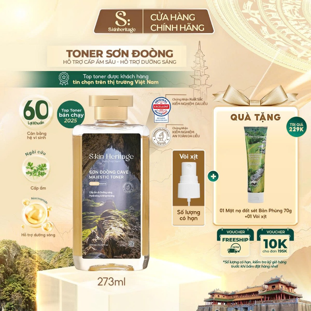 Toner cấp ẩm Sơn Đoòng dưỡng ẩm và hỗ trợ dưỡng sáng cho da dầu mụn S:kin Heritage Sử dụng 60 Lợi Khuẩn 273ml | BigBuy360 - bigbuy360.vn