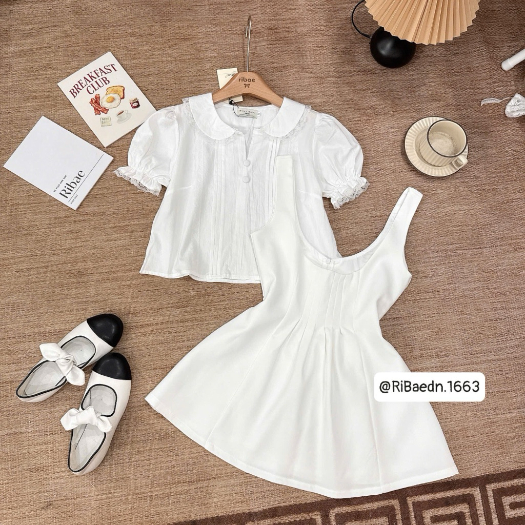 Set Yếm Xếp Li Eo Mix Áo Sơmi Cổ sen phối ren nút bọc”RACHEL” siêu xinh dành cho Nữ | BigBuy360 - bigbuy360.vn