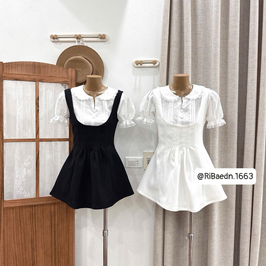 Set Yếm Xếp Li Eo Mix Áo Sơmi Cổ sen phối ren nút bọc”RACHEL” siêu xinh dành cho Nữ | BigBuy360 - bigbuy360.vn