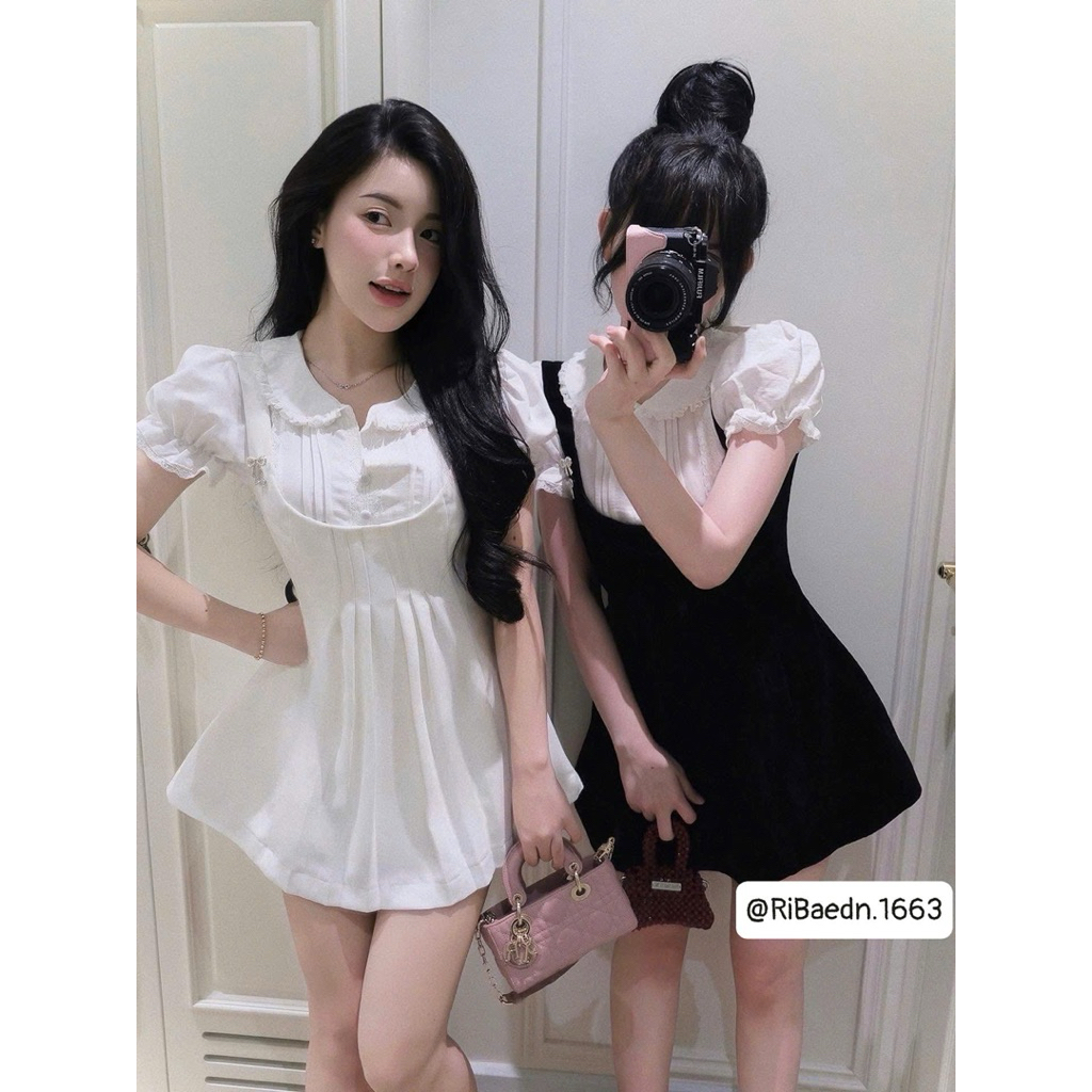 Set Yếm Xếp Li Eo Mix Áo Sơmi Cổ sen phối ren nút bọc”RACHEL” siêu xinh dành cho Nữ