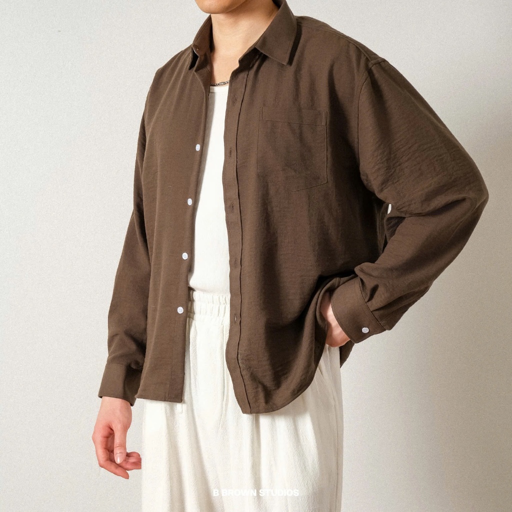 Áo Sơ Mi Nam Dài Tay Form Boxy Vạt Bằng Vải Linen – B Brown William Boxy Linen Shirts