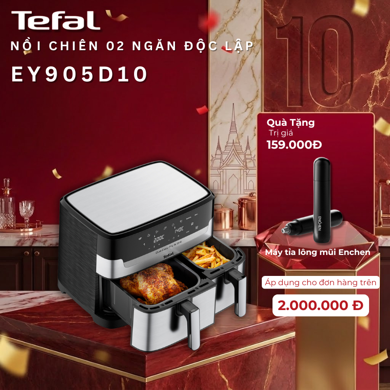 Nồi chiên không dầu điện tử 2 ngăn Tefal Dual Easy Fry & Grill EY905D10 - Bảo Hành Chính Hãng 02 Năm
