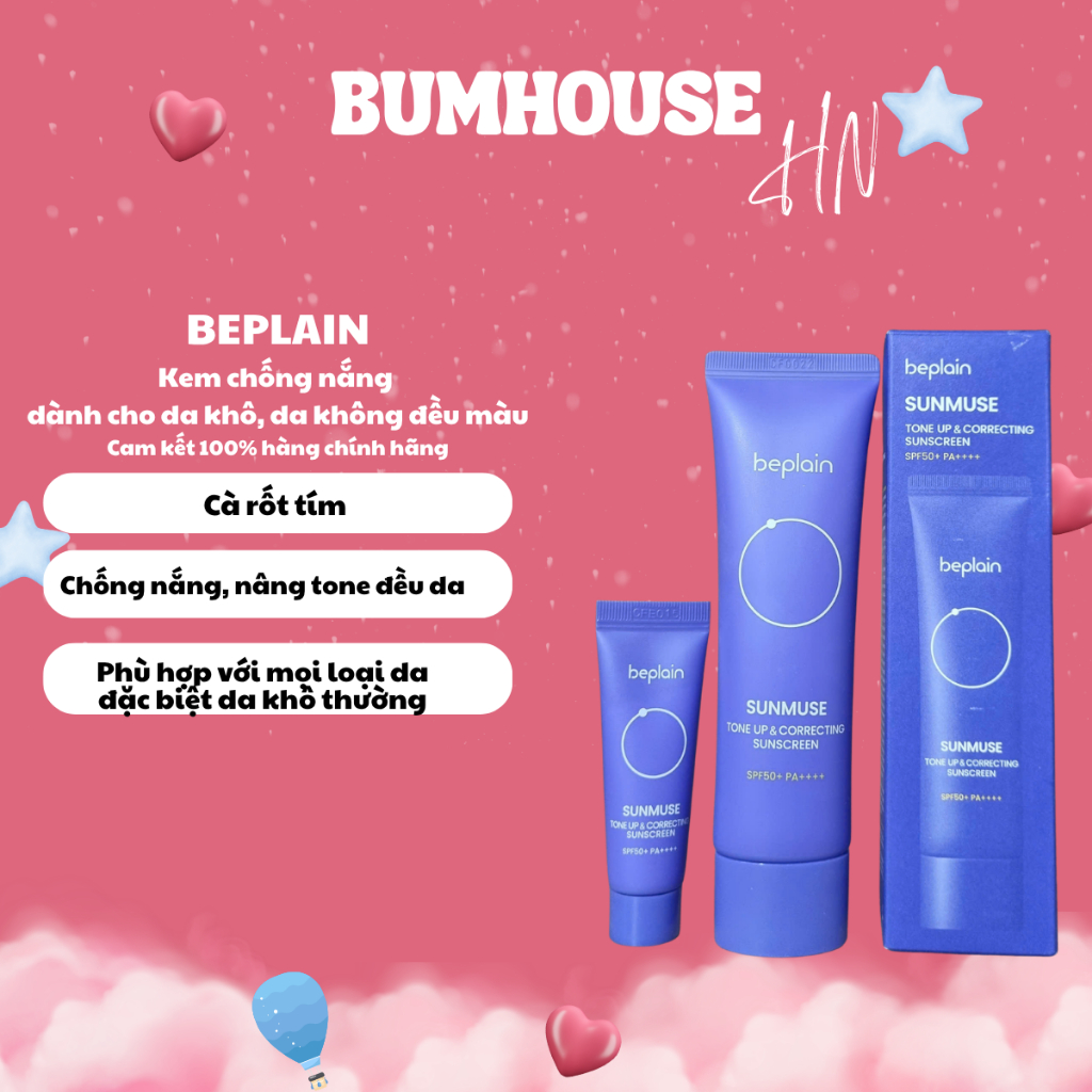Kem chống nắng BEPLAIN Sunmuse lai Vật Lý & Hoá Học Nâng Tone & Hiệu chỉnh da SPF 50+ PA++++ 50ML(Mà