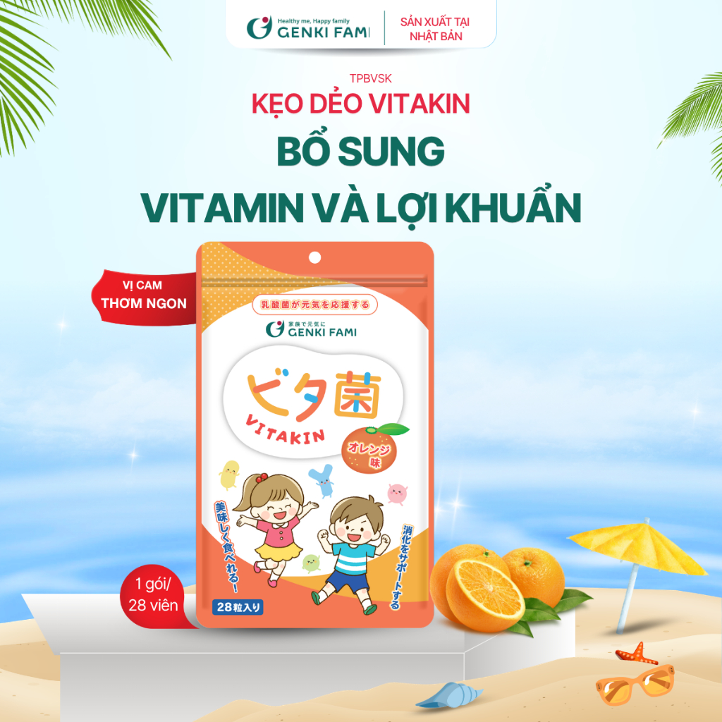 [Date T7/2026] Kẹo Dẻo Vị Cam Vitakin Genki Fami Gói 28 Cái