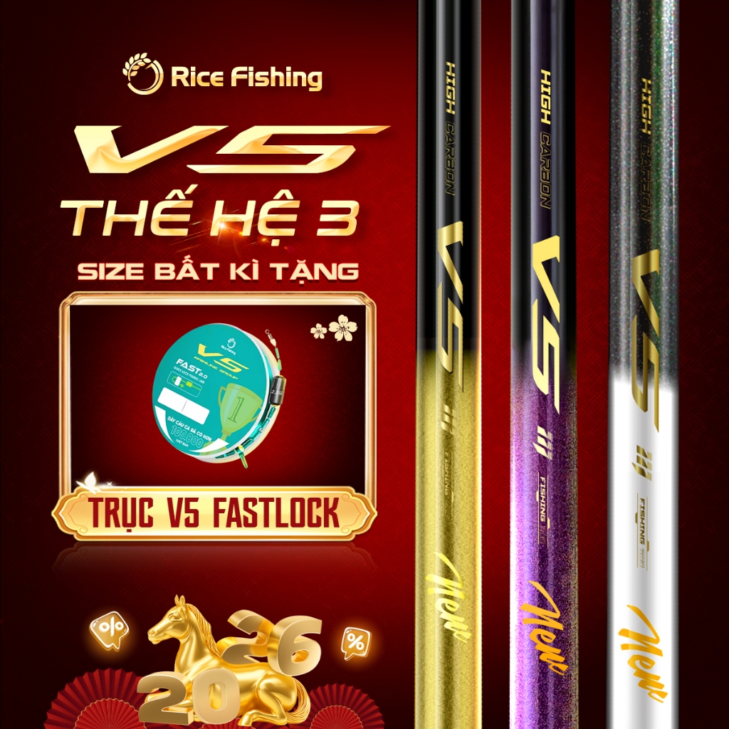 Cần câu đài V5 Thế hệ 3 Rice Fishing Carbon 30T & 40T Nâng cấp phiên bản mới 2025