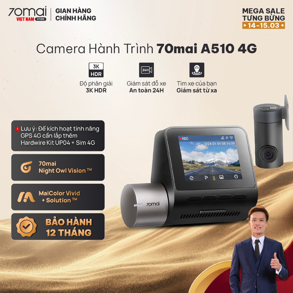 Camera hành trình 70mai A510 4G, 3K HDR Ghi hình đồng thời 2 mắt trước sau sắc nét