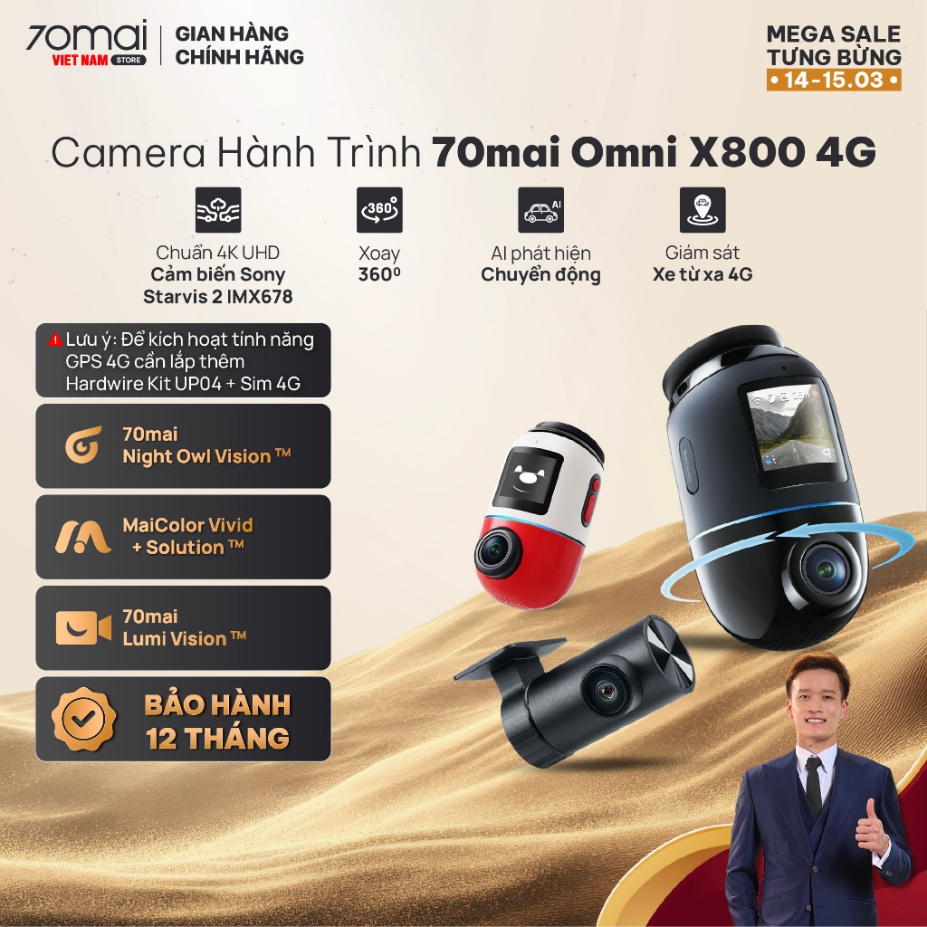 Camera Hành Trình 70mai 4K Omni X800 Công Nghệ AI 2.0 Wifi6 5GHz Giám Sát Từ Xa Thẻ Nhớ 70mai 128GB