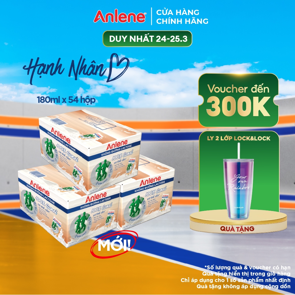 Combo 3 thùng 54 hộp sữa Anlene không đường Lactose vị hạnh nhân (18 x 180ml)