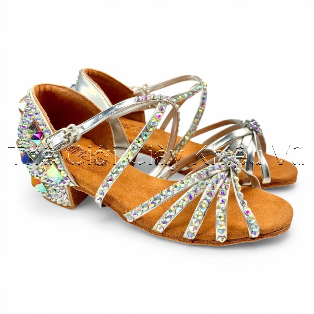 Giày Latin Bé Gái Gắn Đá 115 Gót Vuông (115D) - Trắng