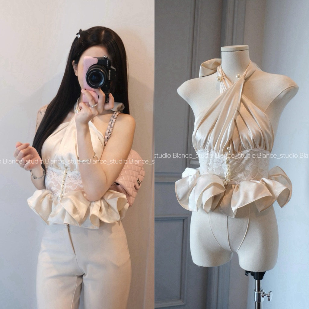 BLANCE STUDIO / Áo yếm buộc cổ hở lưng ren satin QCCC
