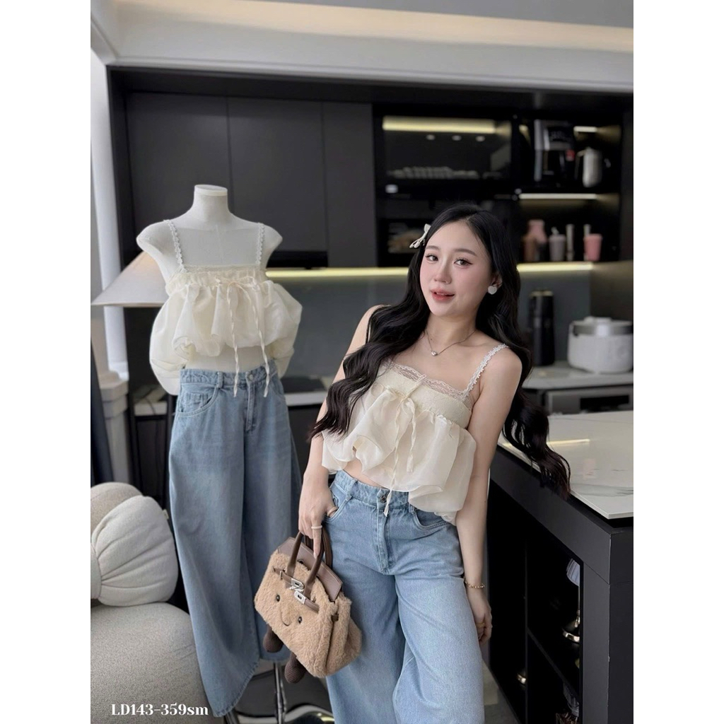 Set Áo  Tơ Kem CRT Bí 2S Viền Ren & Quần  Jean Nhạt