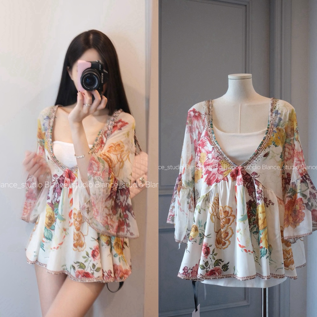 BLANCE STUDIO / Áo dáng rộng cổ V trễ ngực chất mát hoa mùa hè đi biển
