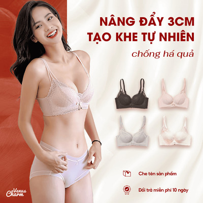 Áo lót nâng ngực đệm 3cm, nâng ngực không gọng tạo khe tự nhiên, chất ren mịn cao cấp Venus Charm 9727