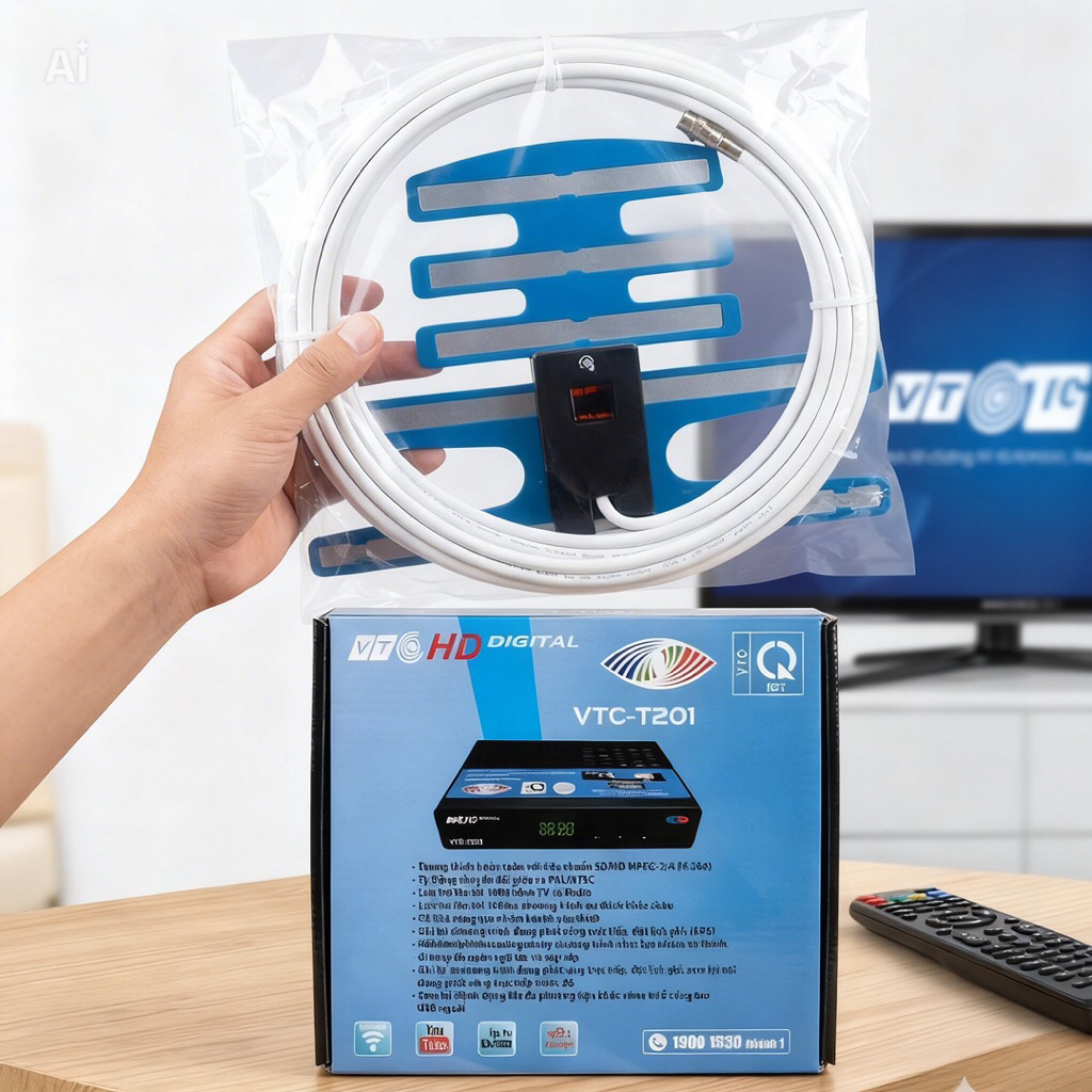 Đầu Thu Kỹ Thuật Số DVB-T2 VTC-T201 HD Digital - Xem Truyền Hình Miễn Phí (Kèm Ăng-ten & Cáp 15m)