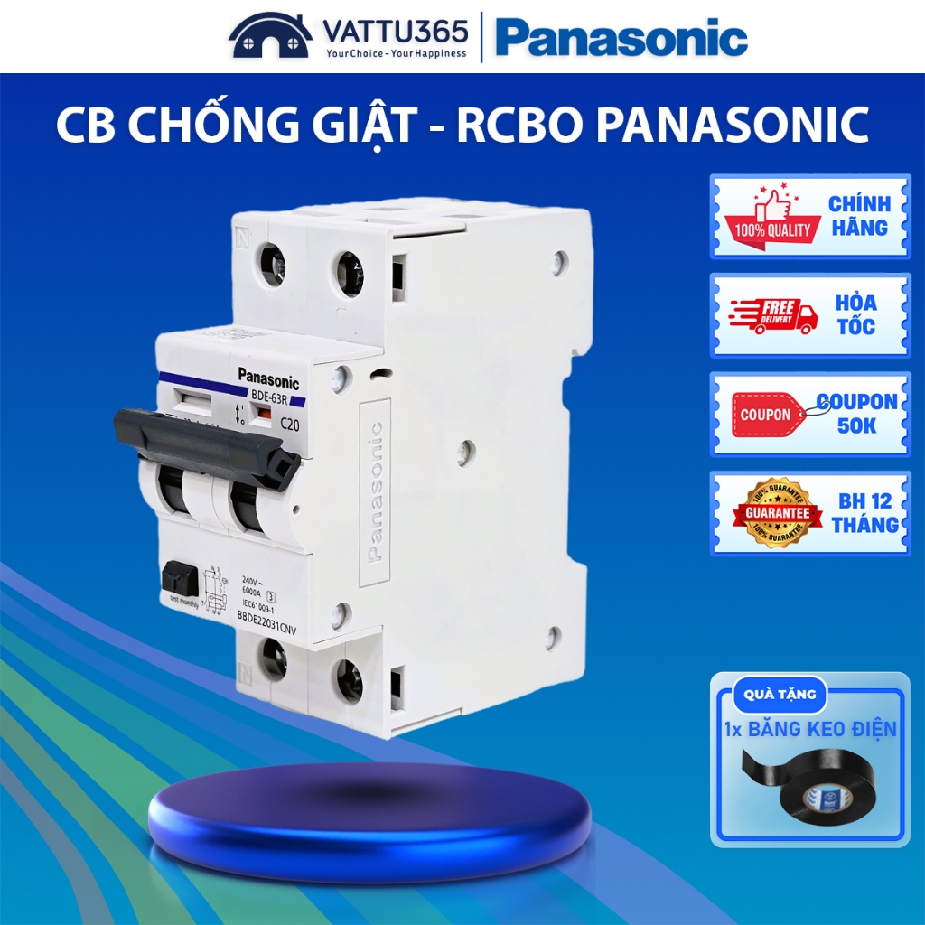 RCBO Chống Giật Panasonic Chính Hãng 6/16/20/25/32/40/50/63A, Át Chống Rò, Bảo vệ quá tải, Chập mạch