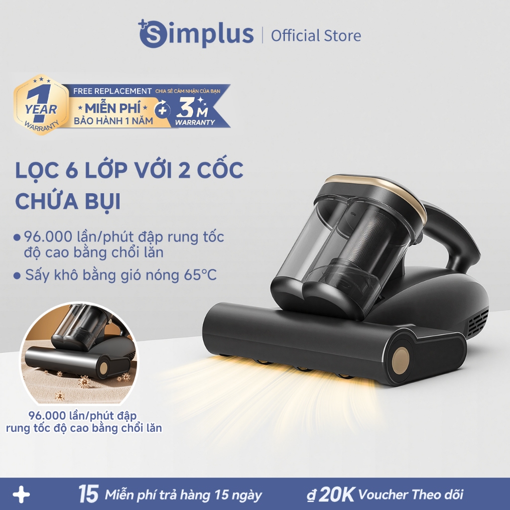 Simplus Máy hút bụi giường nệm Simplus Thiết kế 2 cốc chứa bụi Tia UV diệt khuẩn Tốc độ đập 96,000 vòng/phút CMYH007