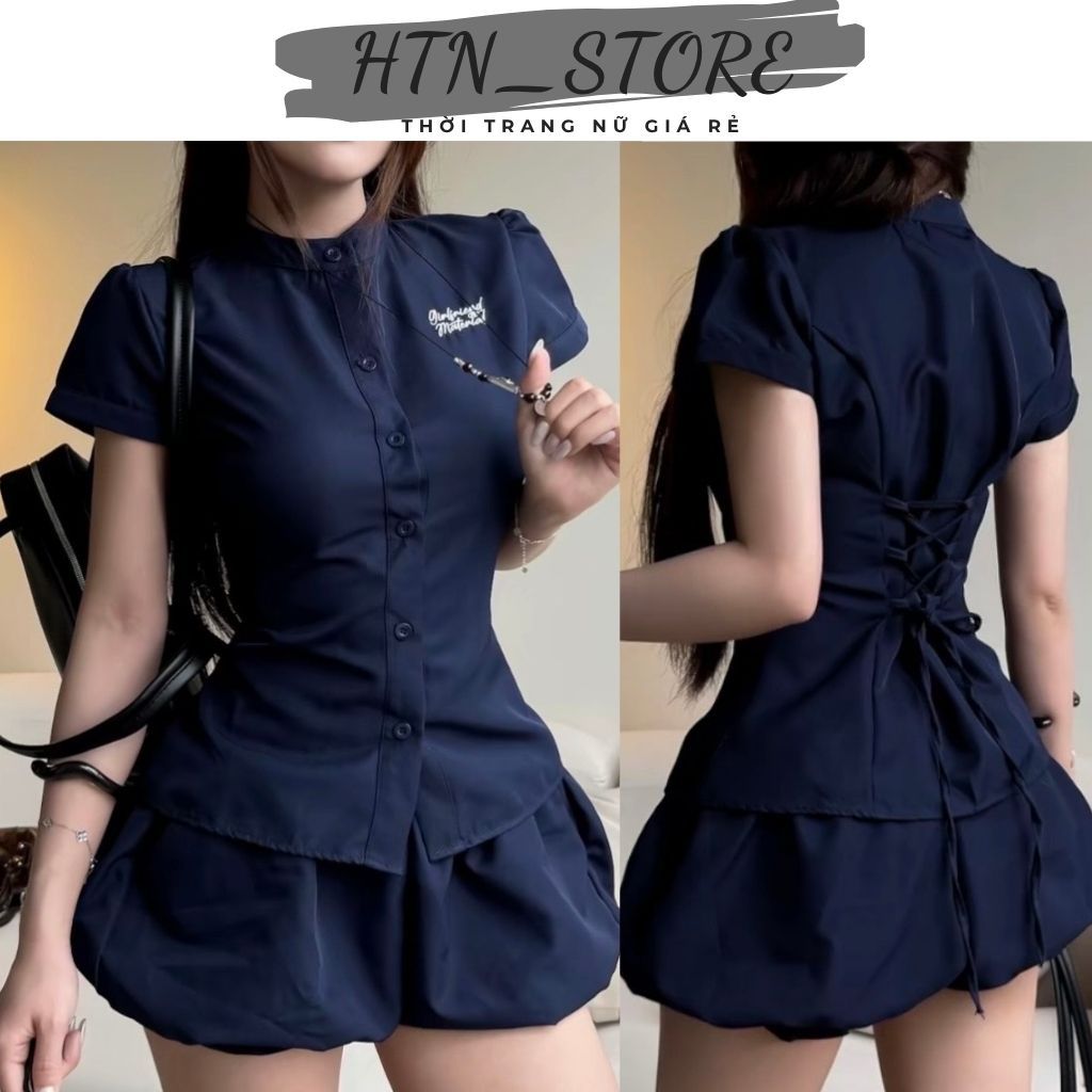 Áo Sơ Mi Tay Ngắn Cổ Trụ Ôm Body Đan Dây Lưng Tôn Dáng Phong Cách Y2K Trẻ Trung Hàn Quốc HTN STore