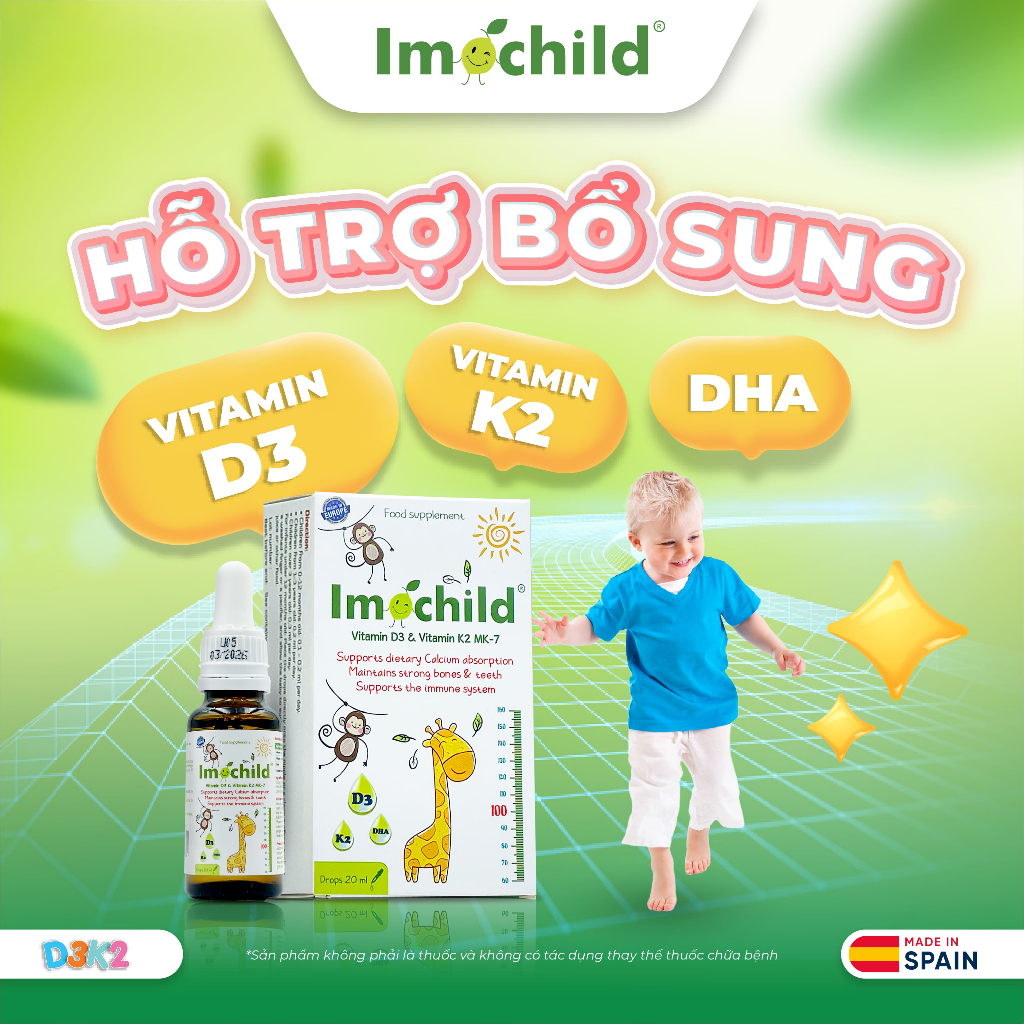 Vitamin D3K2 Imochild Bổ Sung D3K2 Và DHA, Hỗ Trợ Bé Phát Triển Chiều Cao Và Trí Não (DT 20ml)