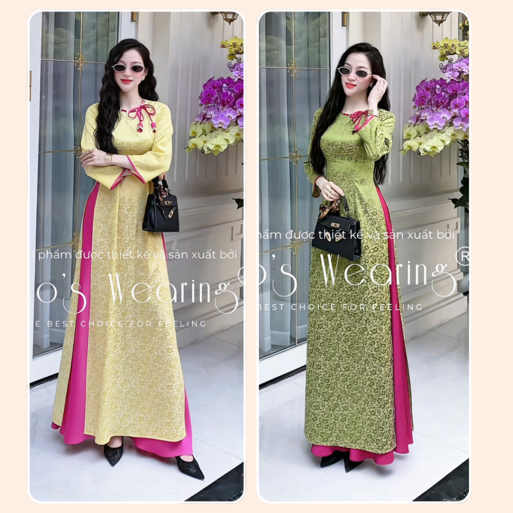 DB101  LEOSWEARING  Áo dài gấm lụa cổ tròn thắt dây nơ, tay lửng phối viền hồng và Quần lụa