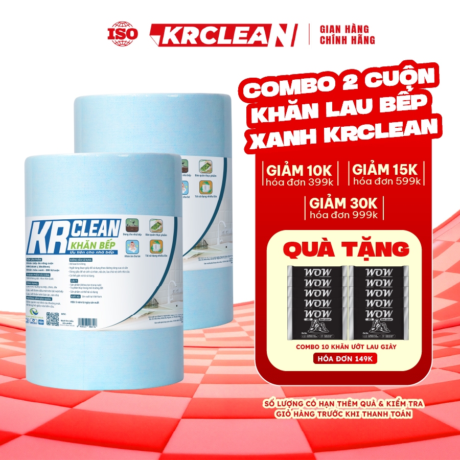 [ Combo 2 ] Cuộn khăn giấy lau bếp xanh 200 tờ 20x20cm Krclean, khăn giấy đa năng, khăn giấy lau bếp