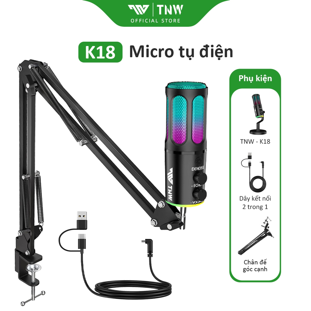 TNW K18 Micro Thu Âm USB/Type-c Mic Thu Âm Có Dây Mic Thu Âm Livestream RGB USB Condenser Micro