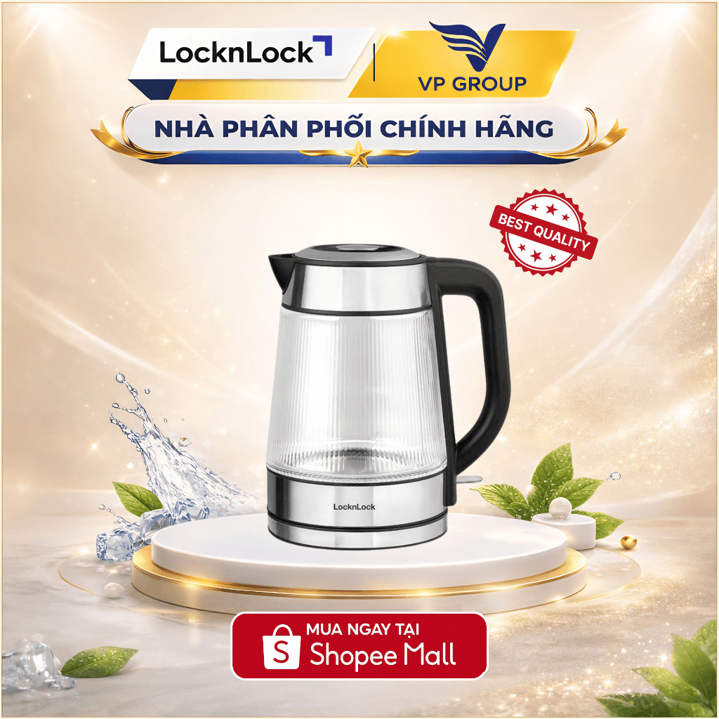 Ấm đun siêu tốc Locknlock Glass electric kettle 220-240V,50-60Hz,1850-2200W,1.8L- Màu đen, EJK256BLK