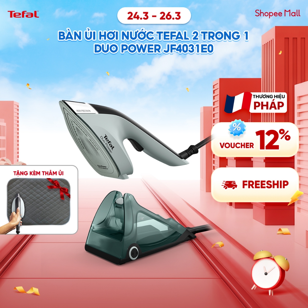 [Tặng kèm thảm ủi] Bàn ủi hơi nước Tefal 2 trong 1 Duo Power JF4031E0 - Kết hợp ủi hơi và cầm tay