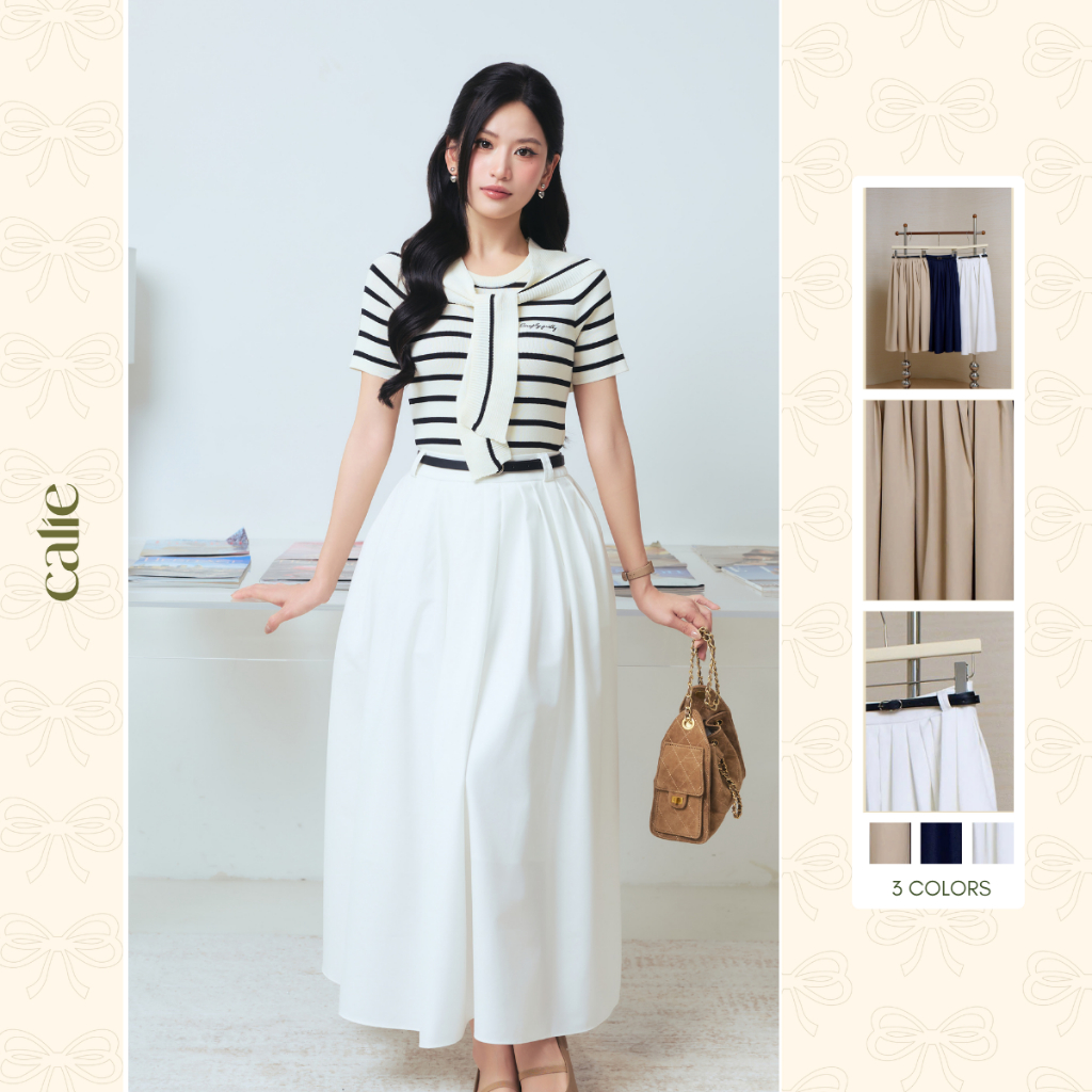 Chân váy dài dáng xòe kèm belt, form basic chất liệu kaki lụa cao cấp thời trang nữ Calie CX065