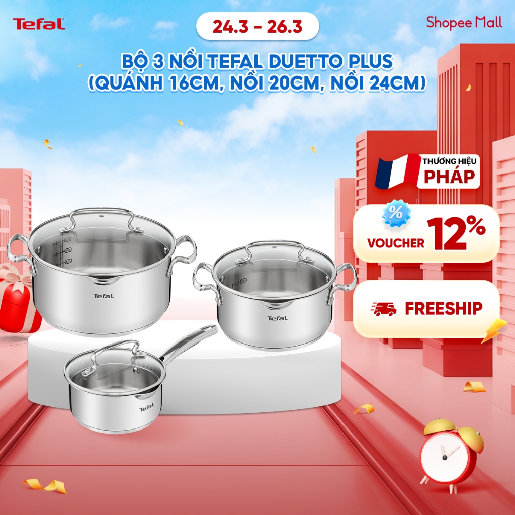 Bộ 3 nồi inox đáy từ cao cấp Tefal Duetto Plus (20cm - 24cm - 16cm)