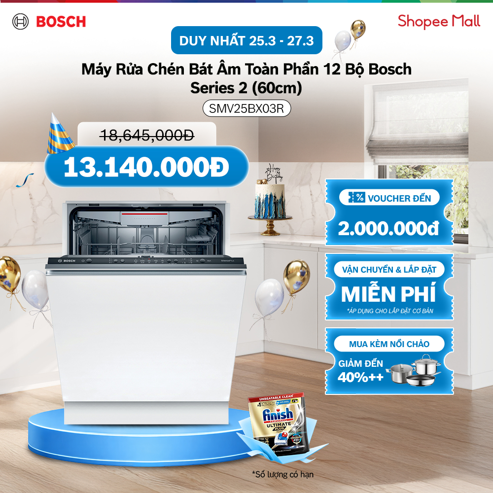 25.03 - 27.03 | Voucher Shopee lên đến 3tr | Máy Rửa Chén BÁN ÂM Toàn Phần 12 Bộ Bosch SMV25BX03R - Series 2 (60cm)