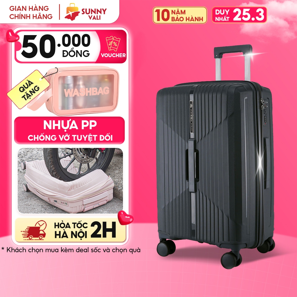 Vali kéo SUNNY CHOCO nhựa PP chống vỡ tuyệt đối, tích hợp cổng sạc USB và ngăn đựng cốc, vali size 28 24 20