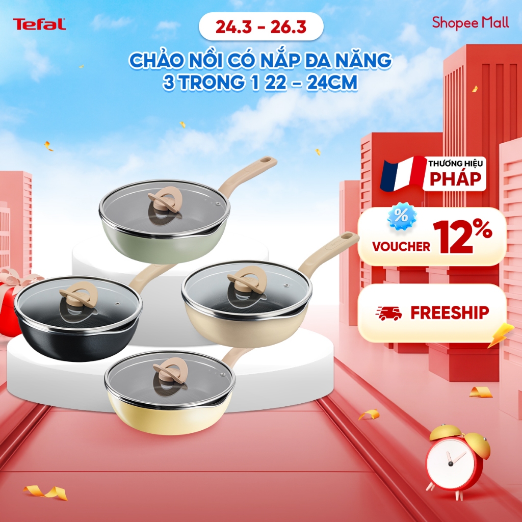 Chảo nồi có nắp chống dính đa năng Tefal One Pick Pot Pan 3 trong 1 Size 22-24cm