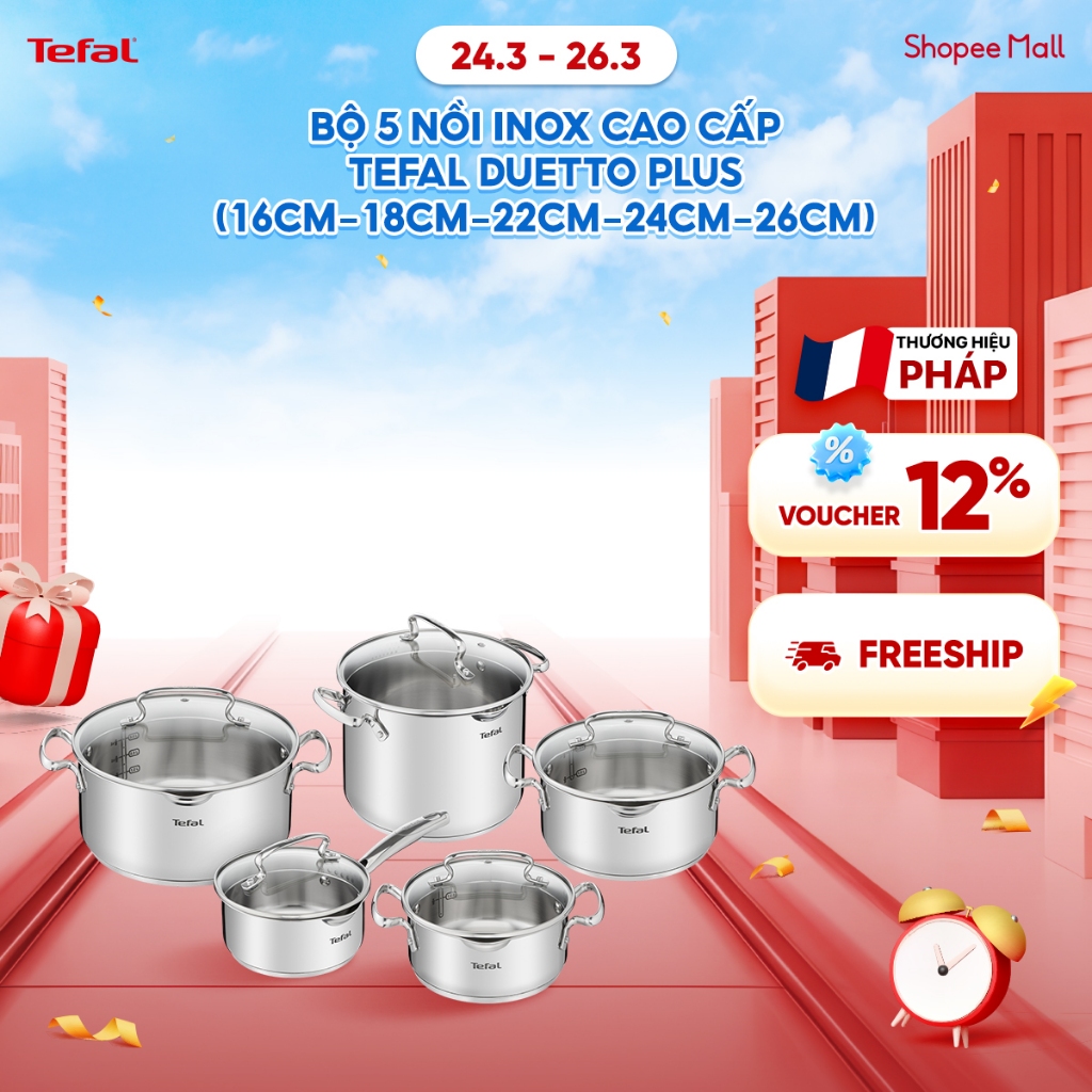 Bộ 5 nồi Inox cao cấp Tefal Duetto Plus (quánh 16cm, nồi hầm 18/20/24 cm, nồi luộc gà 22cm)