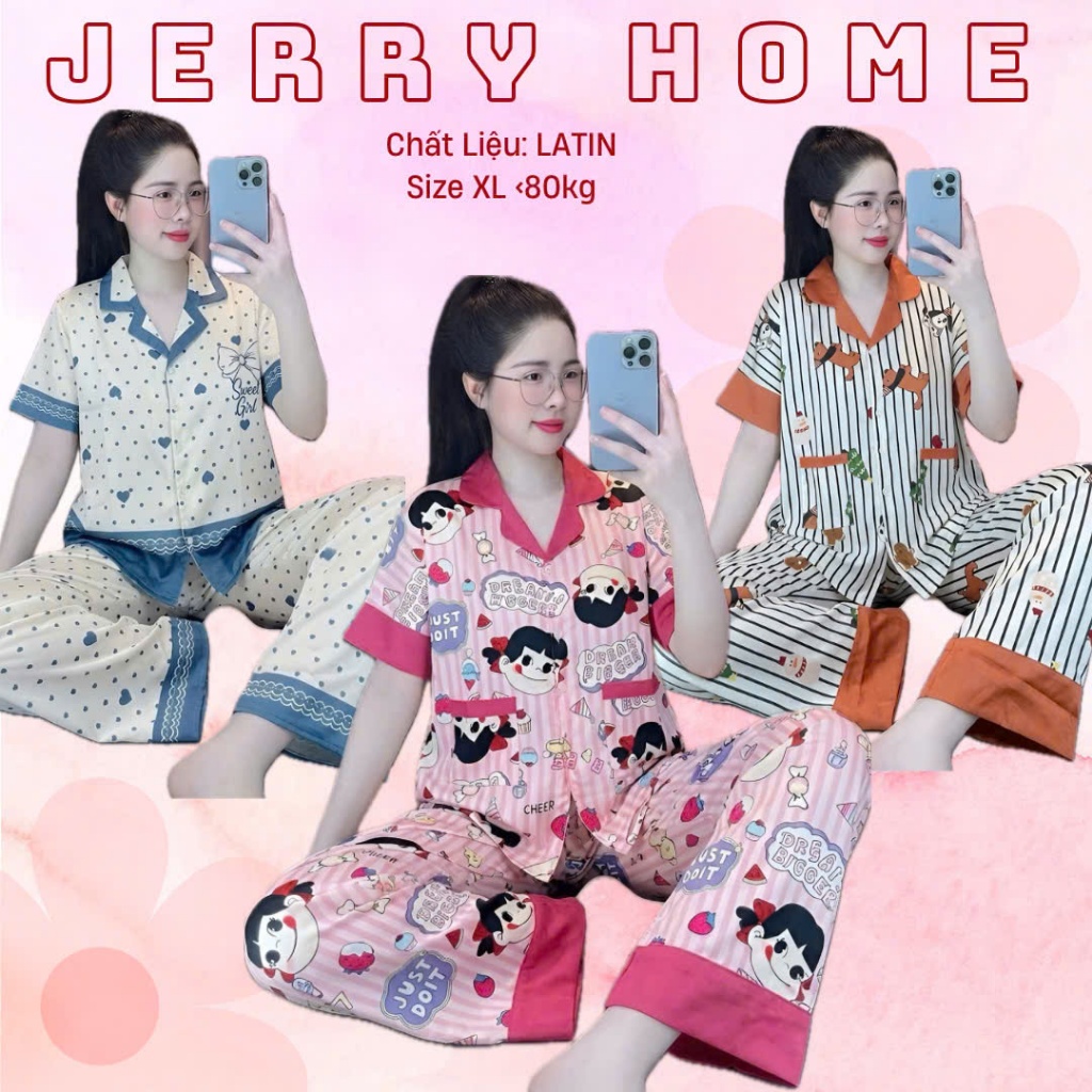 [BIGISZE] Đồ Bộ, Pijama, Bộ Ngủ Nữ Tay Ngắn Quần Dài Chất Liệu Latin Cao Cấp Jerry Home