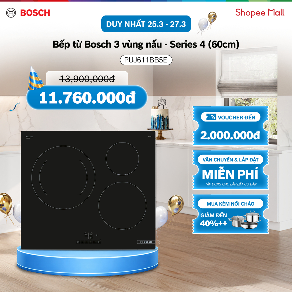 Bếp từ Bosch PUJ611BB5E 3 vùng nấu lắp âm, màu đen, 60cm