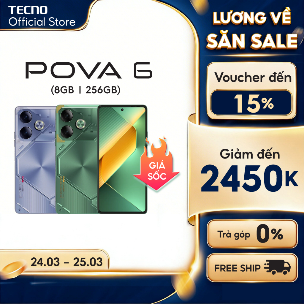 Điện thoại gaming Tecno Pova 6 (8+8)GB/256GB I 6000mAh + 70W I AMOLED 120Hz I 108MP