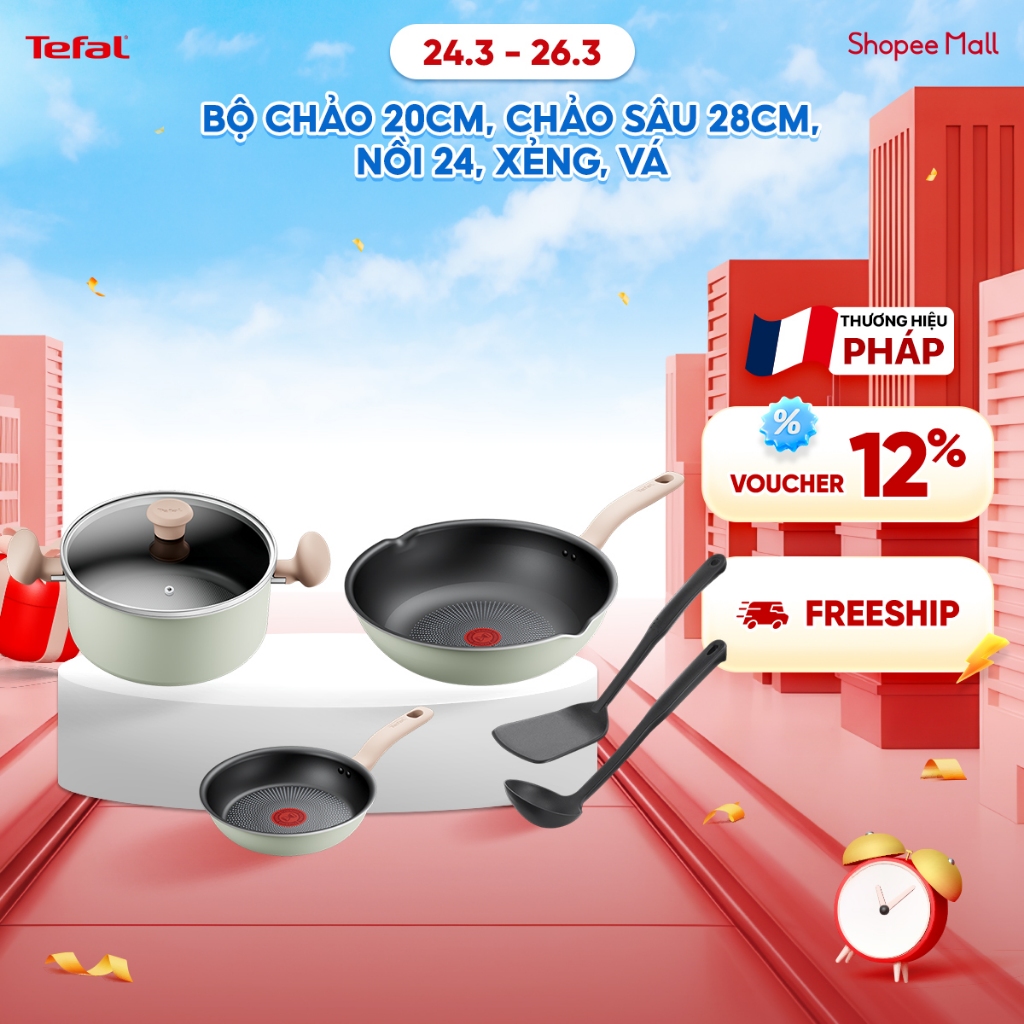 Bộ 5 nồi chảo chống dính đáy từ Tefal So Matcha 20cm, chảo sâu 28cm, nồi 24, xẻng, vá
