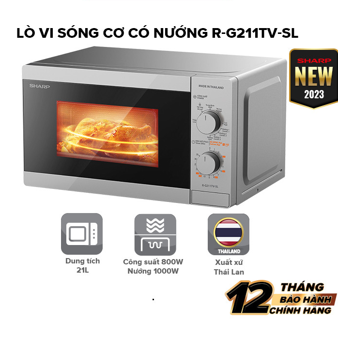 Lò vi sóng 21L có nướng Sharp R-G211TV-SL/BK - Công Suất 800W 3 chức năng nướng kết hợp