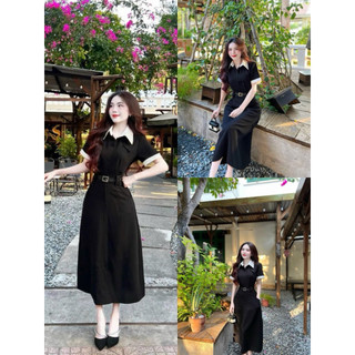 Đầm nữ mặc đi chơi thời trang thiết kế nữ chất kaki cổ sơ mi tay ngắn váy dài phối đai sang trọng nhẹ nhàng
