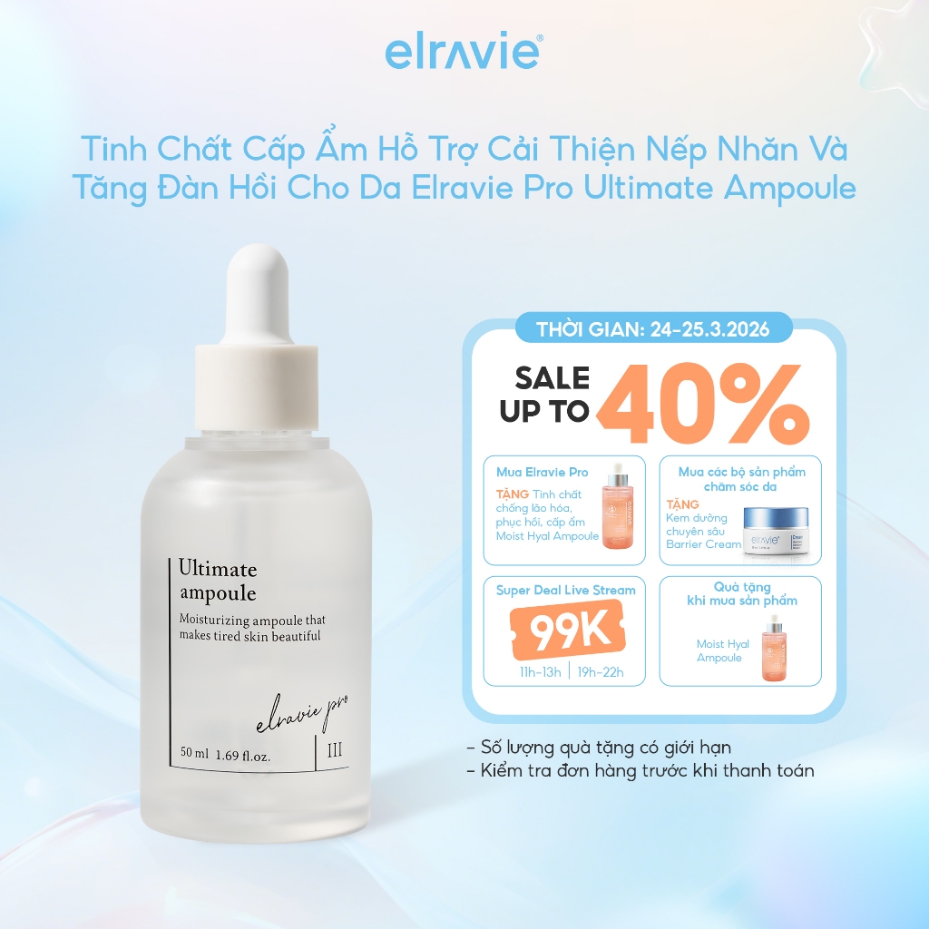 Tinh Chất Cấp Ẩm Hỗ Trợ Cải Thiện Nếp Nhăn Và Tăng Đàn Hồi Cho Da Elravie Pro Ultimate Ampoule 50ml